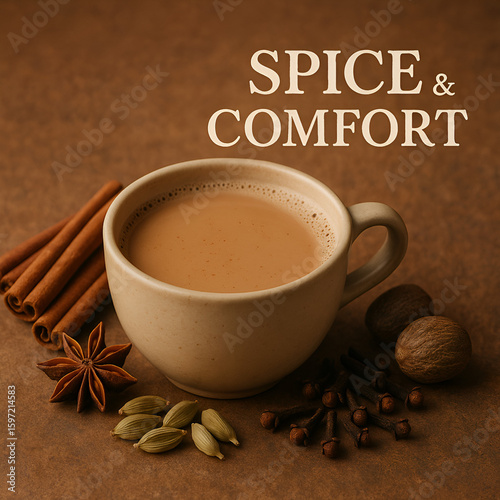 A steaming cup of chai tea surrounded by spices like cinnamon and star anise evokes a feeling of spice and comfort