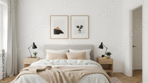 Modern minimalist bedroom interior: neutral tones, beige bedding, wooden nightstands, and abstract art prints.
