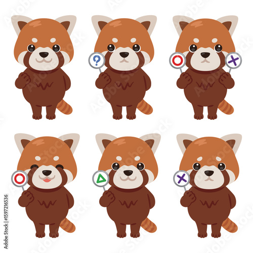 ○×△の札を持ったレッサーパンダのキャラクターイラストセット