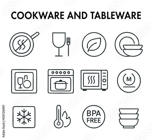 Cookware and Tableware Icon Set – Collection of Kitchen and Dining Icons Featuring Pots, Pans, Plates, Spoons, Forks, Knives, Cups, Dishes, Bowls, and Utensils for Culinary, Restaurant, and UI Project