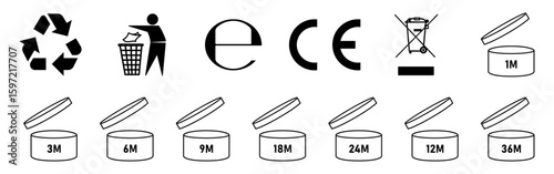 Collection of cosmetic expiry and packaging vector icons including PAO symbols, CE mark, recycling, and disposal signs. Perfect for product labeling and skincare packaging design.