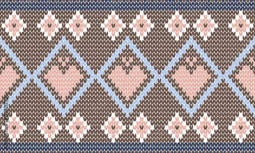 Charming knitted pattern with soft brown, pink, and blue diamond and floral motifs on a cream base. Perfect for cozy textiles, handmade crafts, vintage designs, and creative winter projects.