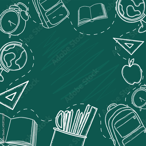 Educational themed chalkboard image featuring sketched school supplies like books and globes. Ideal for back to school themes, educational and creative projects highlighting learning and school