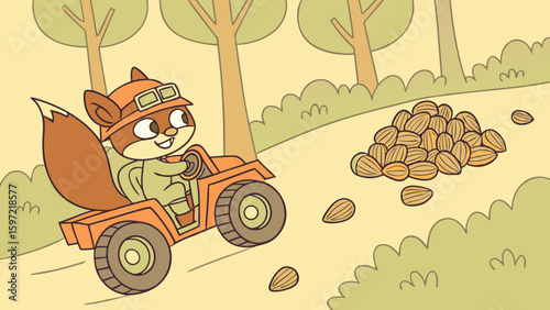 Cartoon squirrel driving off road vehicle with nuts illustration for kids and children learning images