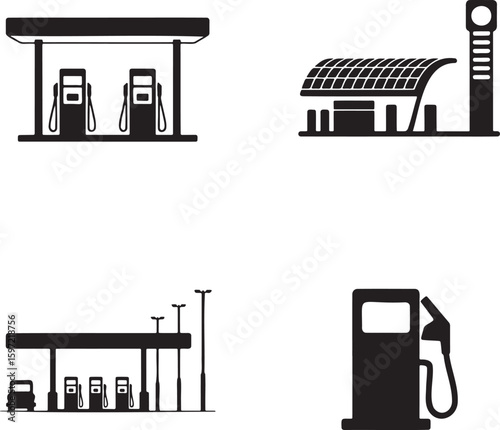 Flat gas station silhouette set vector illustration isolated On Transparent Background