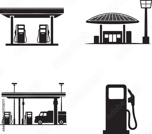 Flat gas station silhouette set vector illustration isolated On Transparent Background