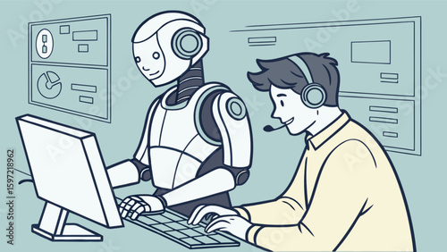 Ai customer service robot working with human agent for call center support automation tech solution