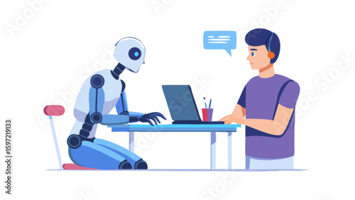 Ai chatbot customer service agent working with human support team on laptop for business help desk