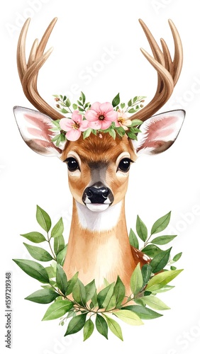 Watercolor deer portrait with floral crown (1)