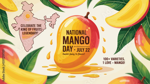 Celebrating National Mango Day on July 22, promoting the king of fruits with juicy flavor and over 100 varieties, displayed with mango fruit, slices, India map, and green leaves