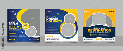 Travel tour social media post set holiday vacation trip square web banner template design