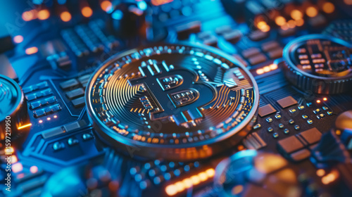 Close-up of a shiny Bitcoin on a computer circuit board, symbolizing cryptocurrency and digital finance.