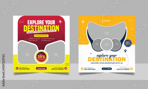 Travel tour social media post set holiday vacation trip square web banner template design