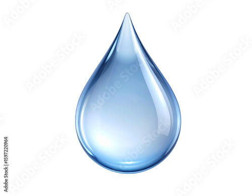  Single Crystal Clear Water Droplet with Soft Highlights, Floating, Isolated on White