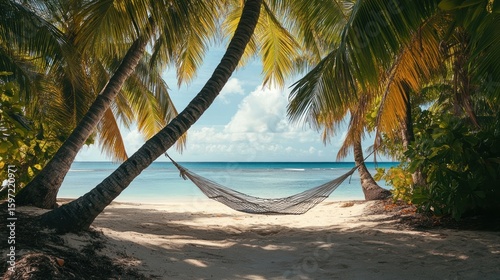 Fototapeta Naklejka Na Ścianę i Meble -  Tropical beach scene with palm trees and hammock