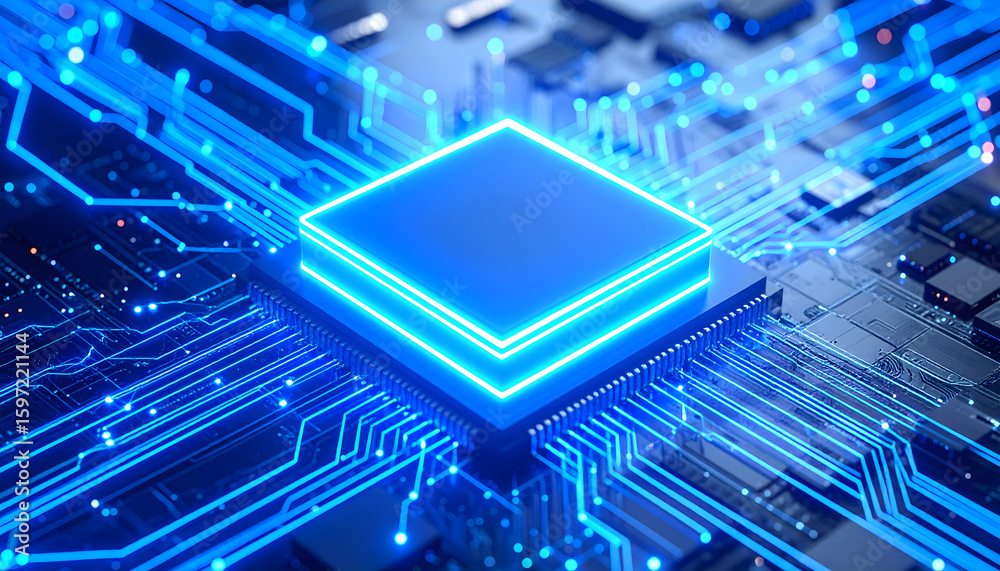 Glowing blue CPU chip with intricate circuit board design and futuristic technology Glowing blue CPU chip with intricate circuit board design and futuristic technology