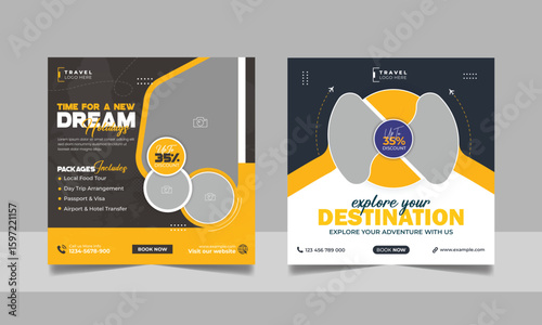 Travel agency tour packages social media post set holiday vacation trip square web banner template  travelling business bundle design