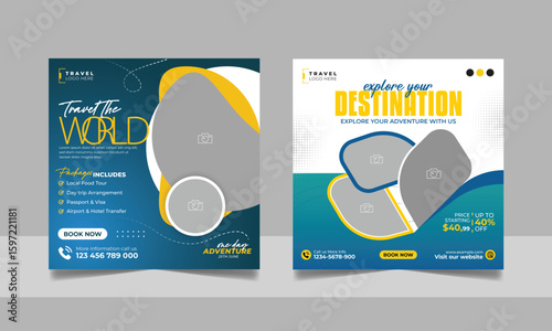 Travel agency tour packages social media post set holiday vacation trip square web banner template  travelling business bundle design