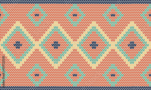 Vibrant knitted pattern with layered diamond motifs in orange, mint green, yellow, and navy. Perfect for cozy textiles, handmade crafts, retro designs, and creative winter-inspired projects.
