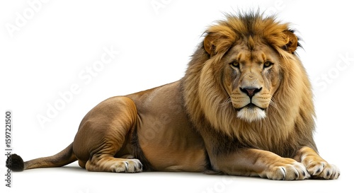Majestic male lion lying down isolated on white background. Powerful and regal wildlife portrait of a big cat symbolizing strength, leadership, and courage.
