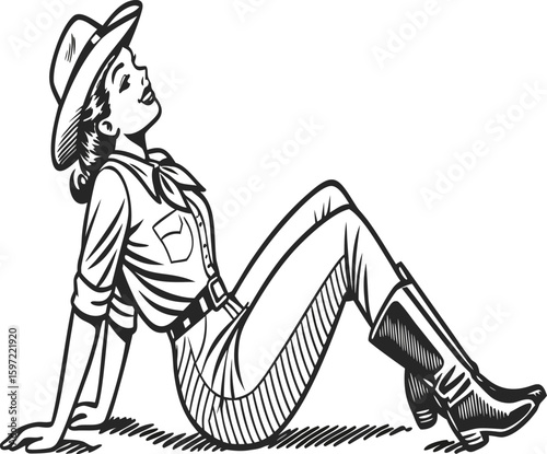 Retro cowgirl in Western attire with boots and hat relaxing on the ground, vintage style illustration