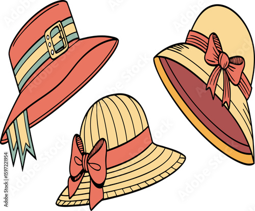 Stylish collection of three vintage-inspired sun hats with decorative ribbons and buckles, perfect for summer fashion and outdoor events