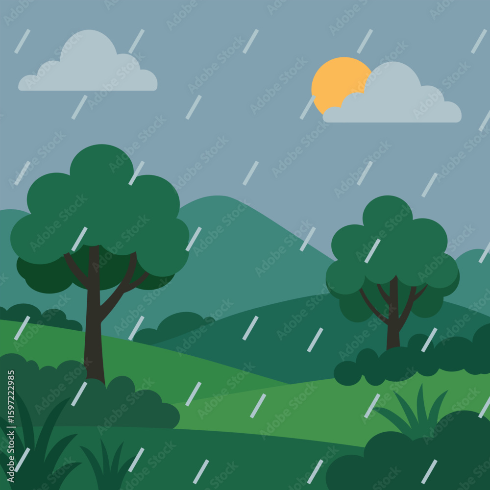 Fototapeta premium Flat Vector Illustration of Rainy Day in Green Landscape with Trees and Hills