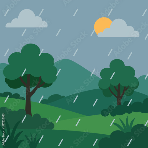 Flat Vector Illustration of Rainy Day in Green Landscape with Trees and Hills