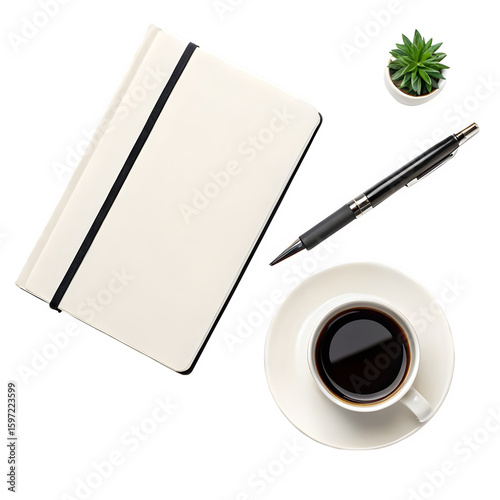Minimalist desk setup with notebook coffee and pen