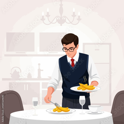 Waiter Serving Plantains with Fork in Elegant Dining Setting