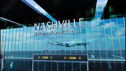 Airlane landing at Nashville, USA. Arrival in the city with reflection of airport and aircraft.