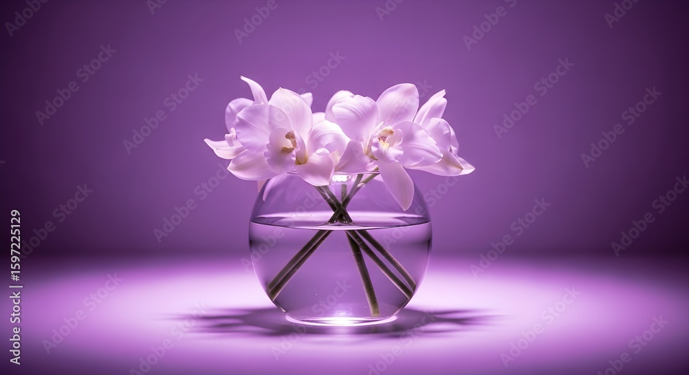 Obraz premium Elegant White Orchids in Glass Vase with Serene Purple Background Lighting