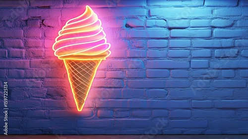 Neon Ice Cream Cone on Brick Wall