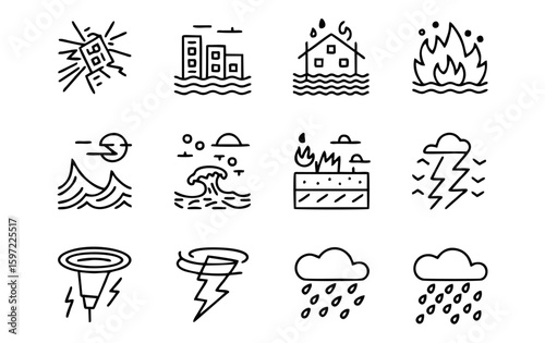 Natural Disaster and Weather Hazard Icon Set – Includes flood, wildfire, hurricane, lightning, heavy rain, snowstorm, landslide, drought, and extreme weather icons in modern linear style.

