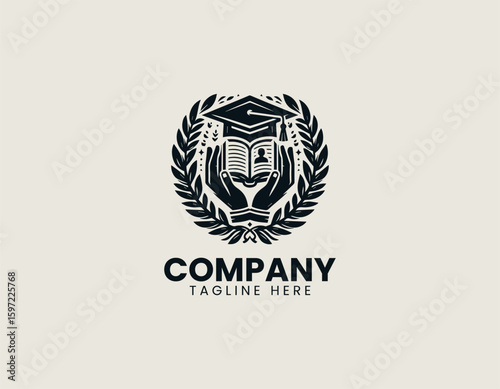 Scholarly Graduation Cap Open Book Learning Academy Vector Logo Design