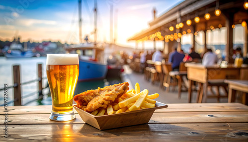 Golden hour fish and chips with beer at a seaside restaurant