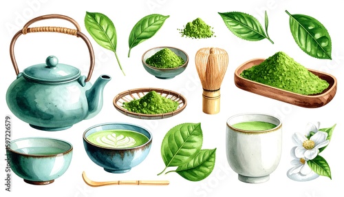 Watercolor matcha tea set illustration
