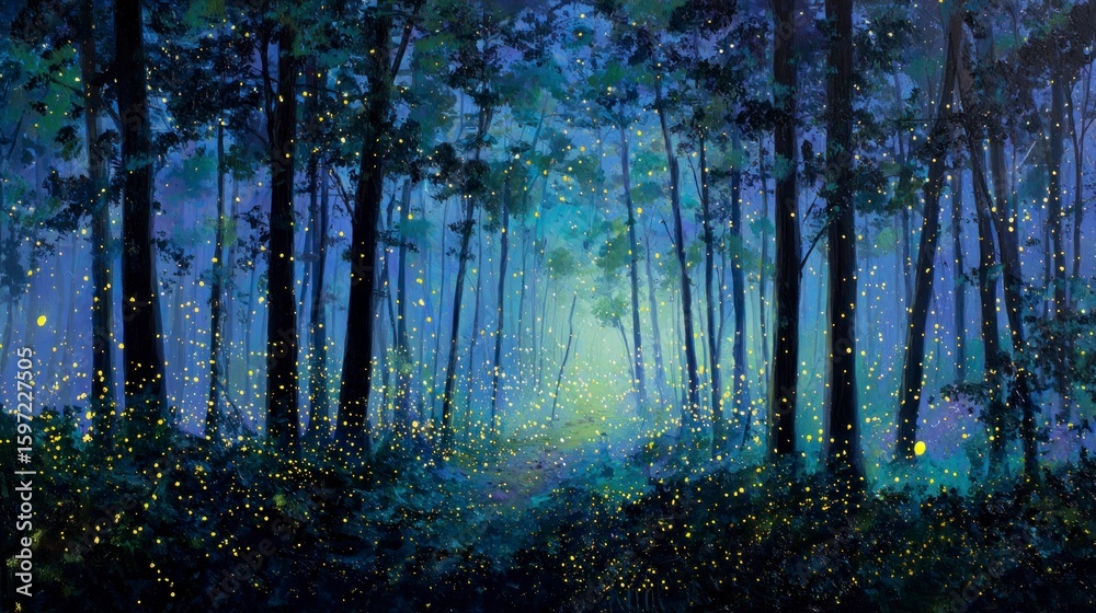 Fototapeta premium Glowing firefly path in forest