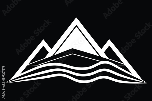 Vector art of abstract white mountain peaks with flowing lines on black background