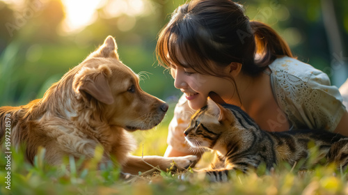 Young woman smiling while playing with a golden retriever and a tabby cat in a sunlit park, enjoying a peaceful and heartwarming moment with her pets.