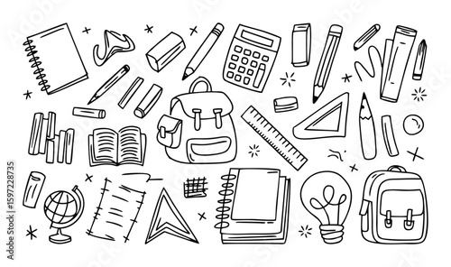 School Icon Set – Collection of Education and Learning Icons Featuring Books, Backpacks, Pencils, Chalkboards, Teachers, Students, Desks, and Supplies for Apps, Print, Infographics, and Class Projects