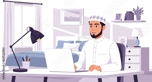 Muslim man working from home on laptop vector illustration stock image
