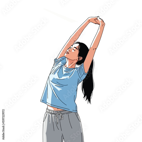A young woman with long dark hair stretches her arms overhead, eyes closed, wearing casual clothes.