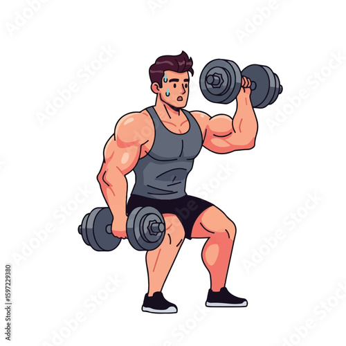 A cartoon illustration of a muscular man lifting dumbbells in a squat position.