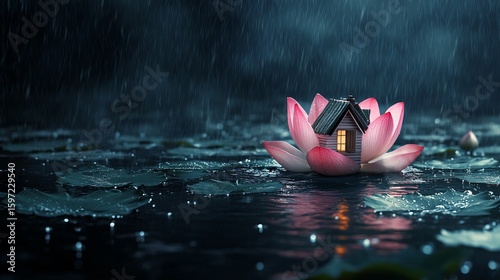 Tiny House in a Lotus Flower Floating on Water During a Rainstorm