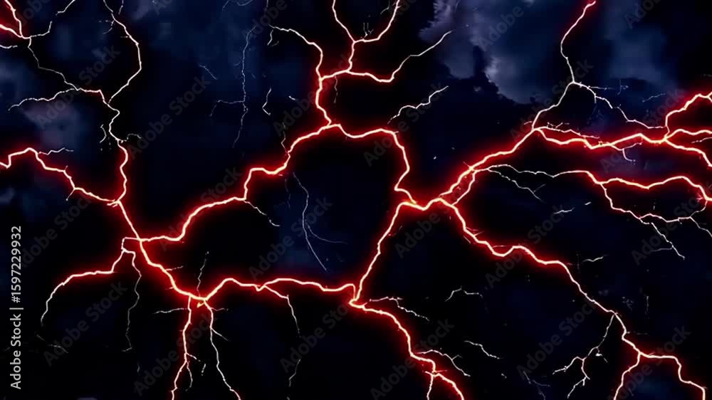 Seamless looping video of red lightning storm in dark cloudy sky.
