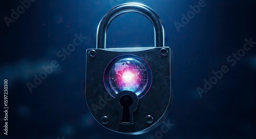 A padlock with a visible keyhole  earth graphic inside the lock body