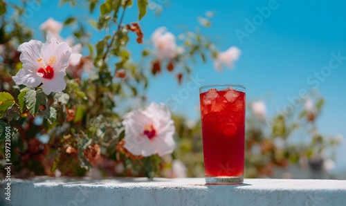 A glass of berry hibiscus with ice on the edge of an outdoor wall, with hibiscus flowers hanging from above and a blue sk