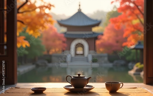 Serene autumn tea ceremony view, Korean garden pagoda background, peaceful zen moment, ideal for mindfulness websites. High quality
