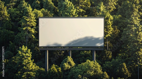 Empty billboard in a lush forest setting.